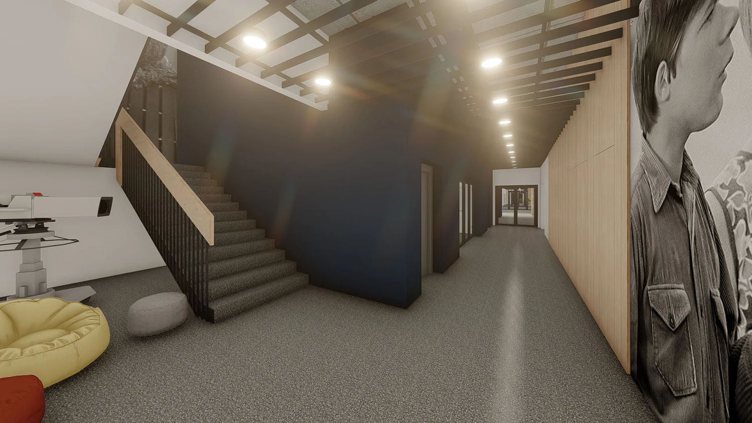 Schody na 1 piętro Edukatorium z Parkiem Filmowym WFDiF